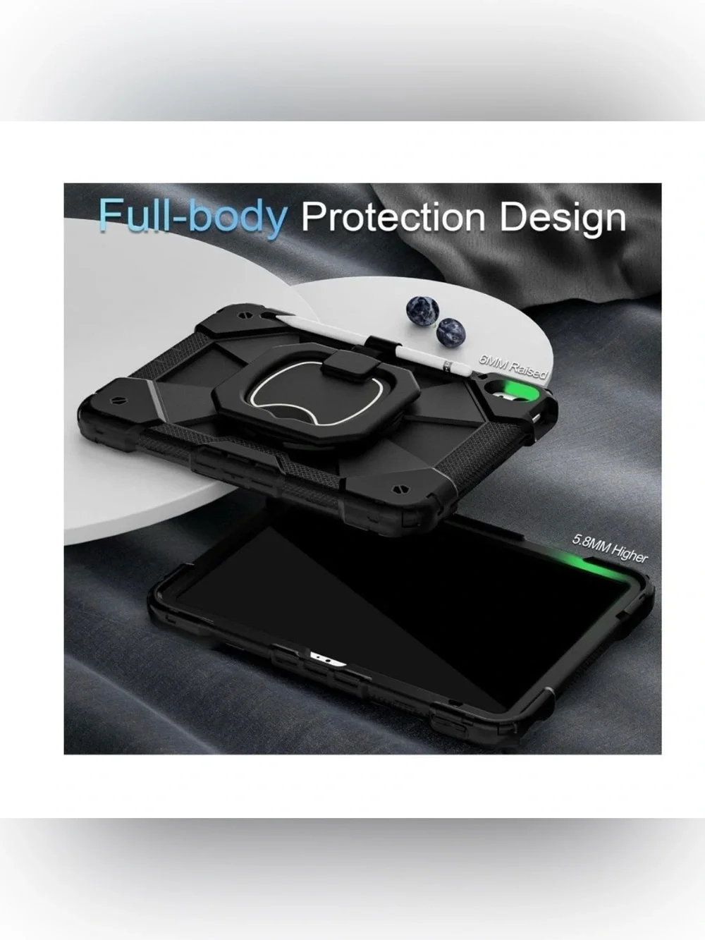 Rugged Black Tablet Case with Kickstand and Pencil Holder